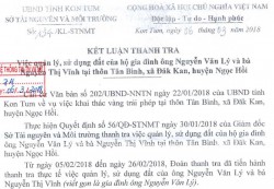 Kết luận thanh tra về việc quản lý, sử dụng đất của hộ gia đình ông Nguyễn Văn Lý và bà Nguyễn Thị Vĩnh tại thôn Tân Bình, xã Đăk Kan, huyện Ngọc Hồi