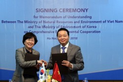 Bộ trưởng Bộ TN&MT Việt Nam Trần Hồng Hà và bà Kim Eunkyung, Bộ trưởng Bộ Môi trường Hàn Quốc trao Biên bản ghi nhớ hợp tác toàn diện giữa hai bên