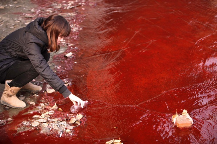 Một phóng viên lấy mẫu nước ô nhiễm từ một cống thoát chảy vào sông Jian ở Lạc Dương, Hà Nam (Trung Quốc) - Ảnh: AFP