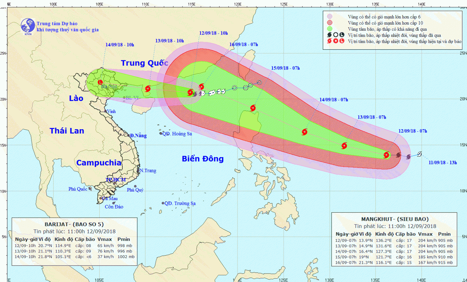 Dự báo đường đi của bão số 5 và bão Mangkhut (vùng màu lớn) - cập nhật 11g ngày 12/9
