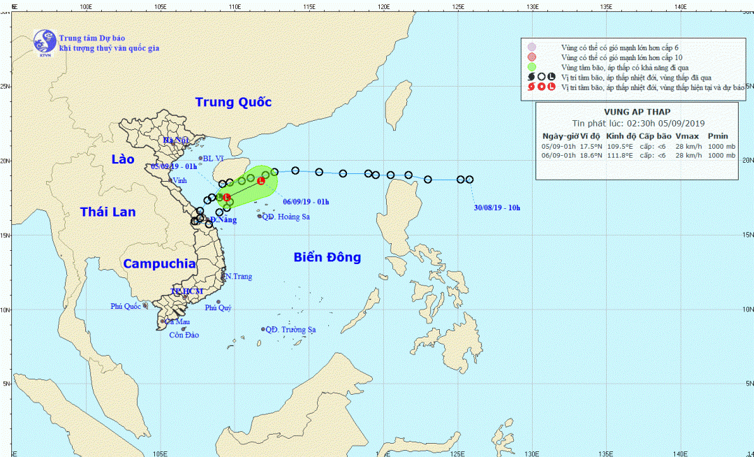Ảnh đường đi và vị trí của áp thấp nhiệt đới cập nhật  tại bản tin lúc 2 giờ 30 ngày 04/9 của Trung tâm Dự báo KTTV Quốc gia