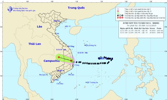 Đường đi và vị trí của áp thấp nhiệt đới suy yếu từ cơn bão số 6 ( nguồn: Trung tâm DBKTTV Quốc gia)