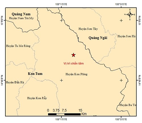 Bản đồ tâm chấn động đất khu vực huyện Kon Plông, tỉnh Kon Tum lúc 5 giờ 8 phút 32 giây ngày 31/5 (ảnh: http://igp-vast.vn)